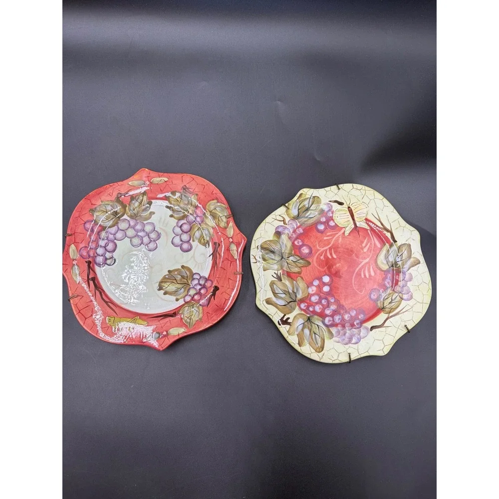Tuscany Set of 2 Hand Painted Ceramic Grape Decorative Plates Scalloped Edge